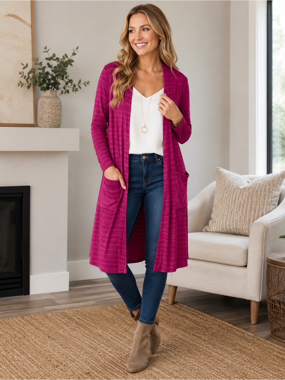 Long Open-Front Women's Cardigan Sweater - Fuchsia